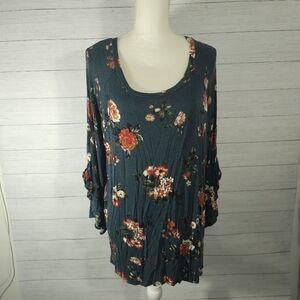 Teal and Floral, Ruffle Sleeve Long Sleeve Top Size 1X